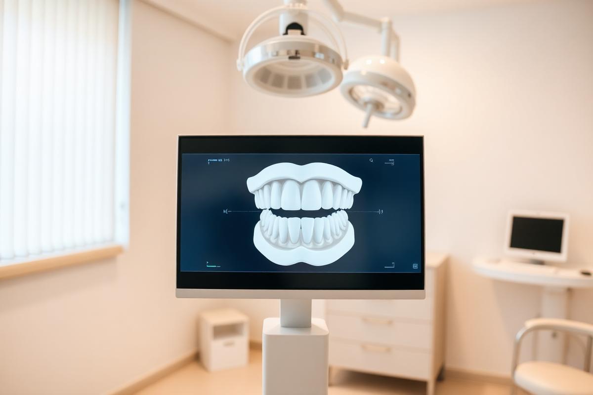 Escaneamento digital 3D dos dentes exibido em tela na clínica