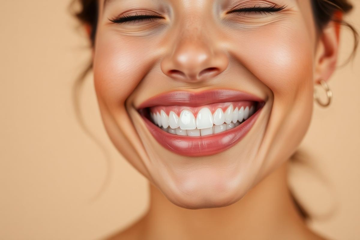 Sorriso natural em close, fundo bege suave